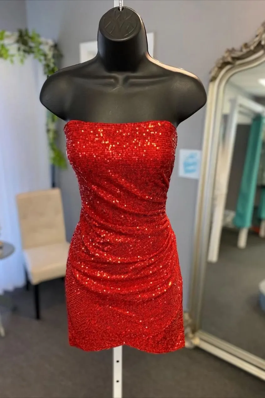 Glitter Orange Homecoming Dress, Strapless Sequined Mini Homecoming Dress