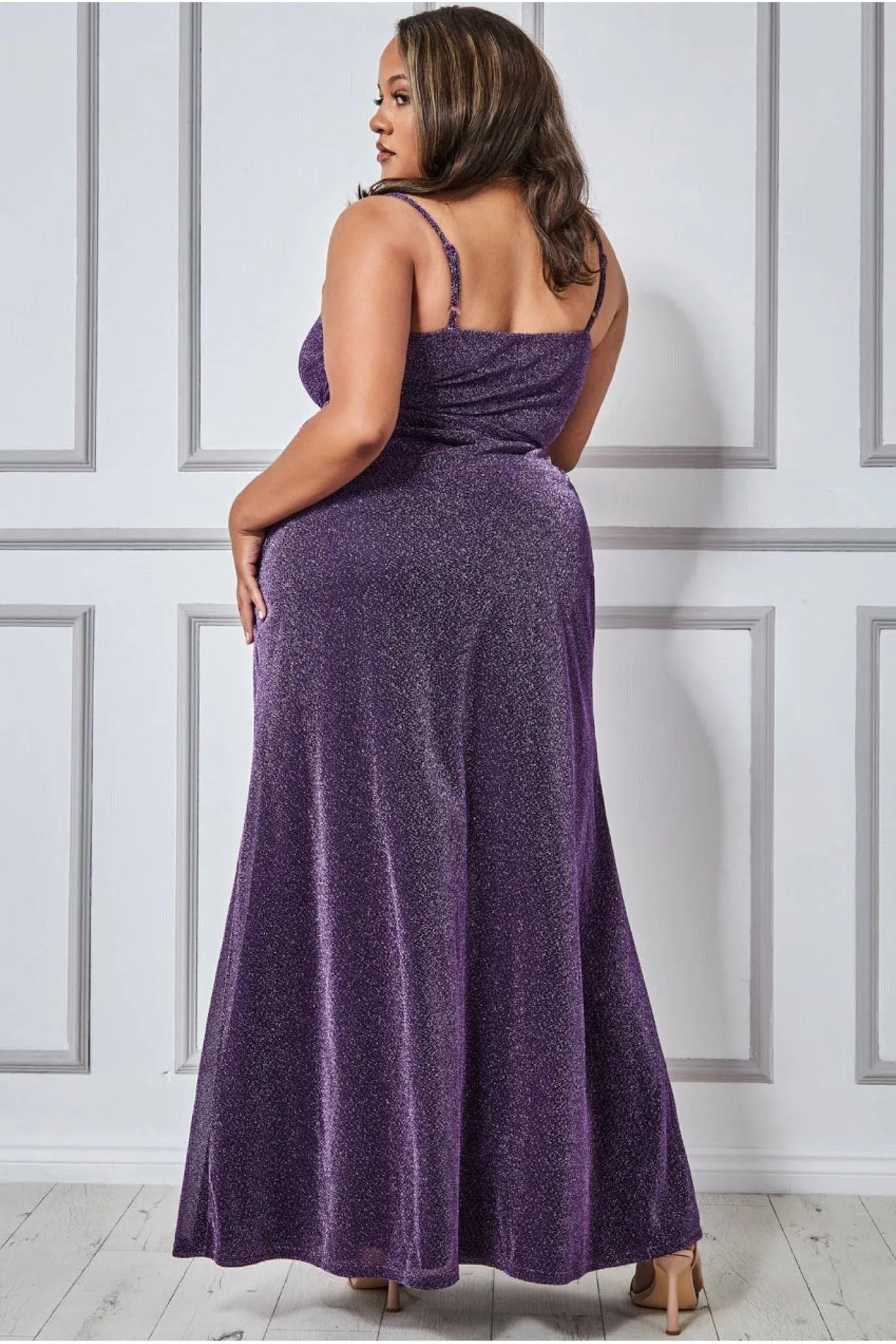 Goddiva Plus Wrap Style Spaghetti Strap Maxi Split - Purple