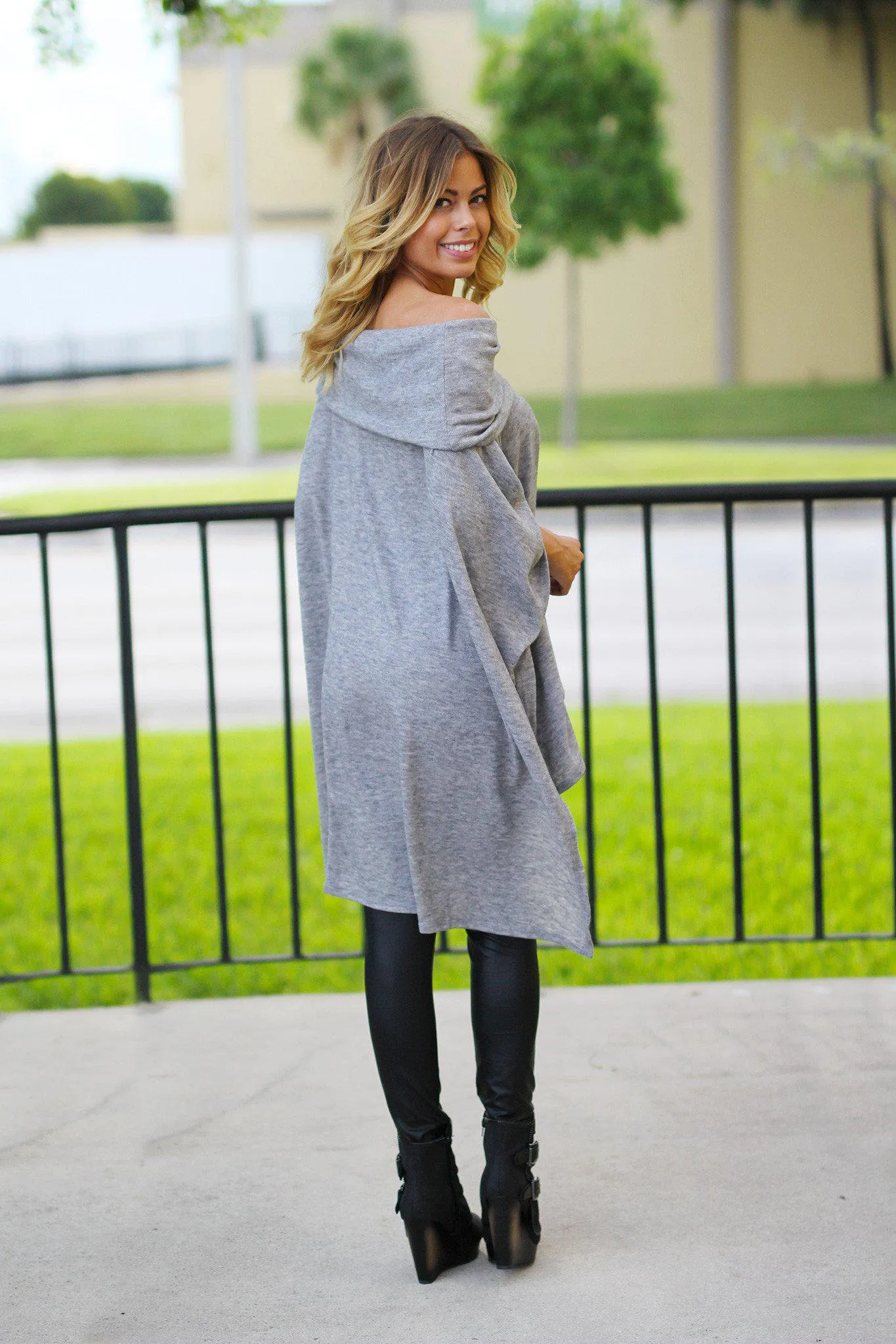 Gray Off Shoulder Poncho