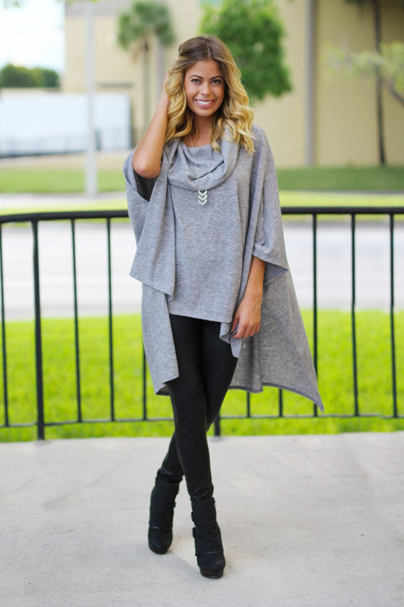 Gray Off Shoulder Poncho