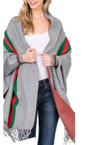 Gray Poncho Stripe Wrap with Sleeves