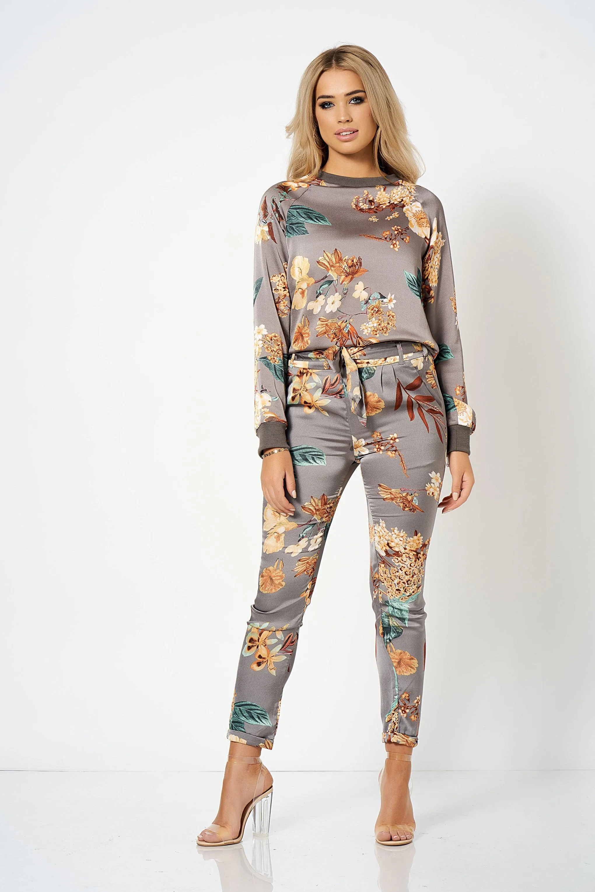 Grey Floral Satin Co-ord Sweatshirt