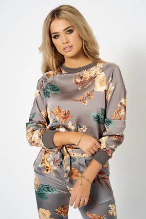 Grey Floral Satin Co-ord Sweatshirt