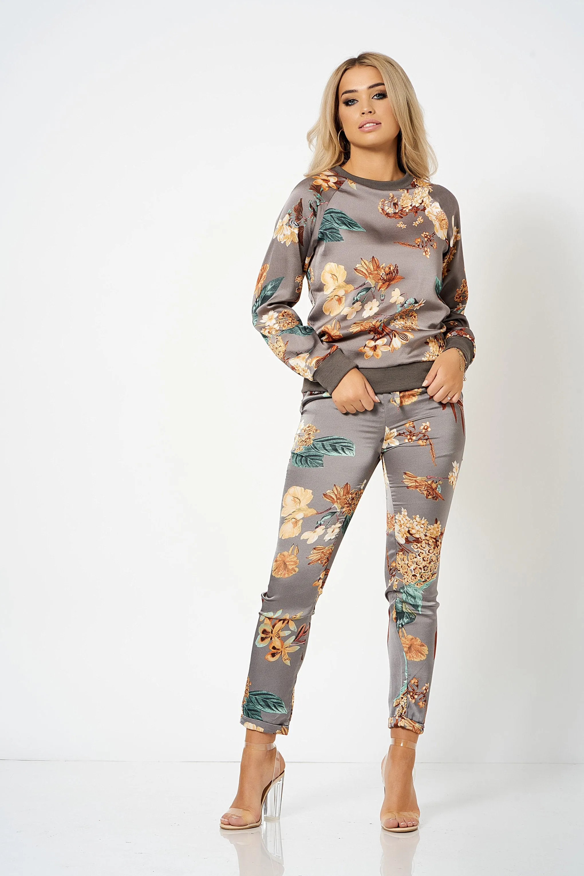 Grey Floral Satin Co-ord Sweatshirt