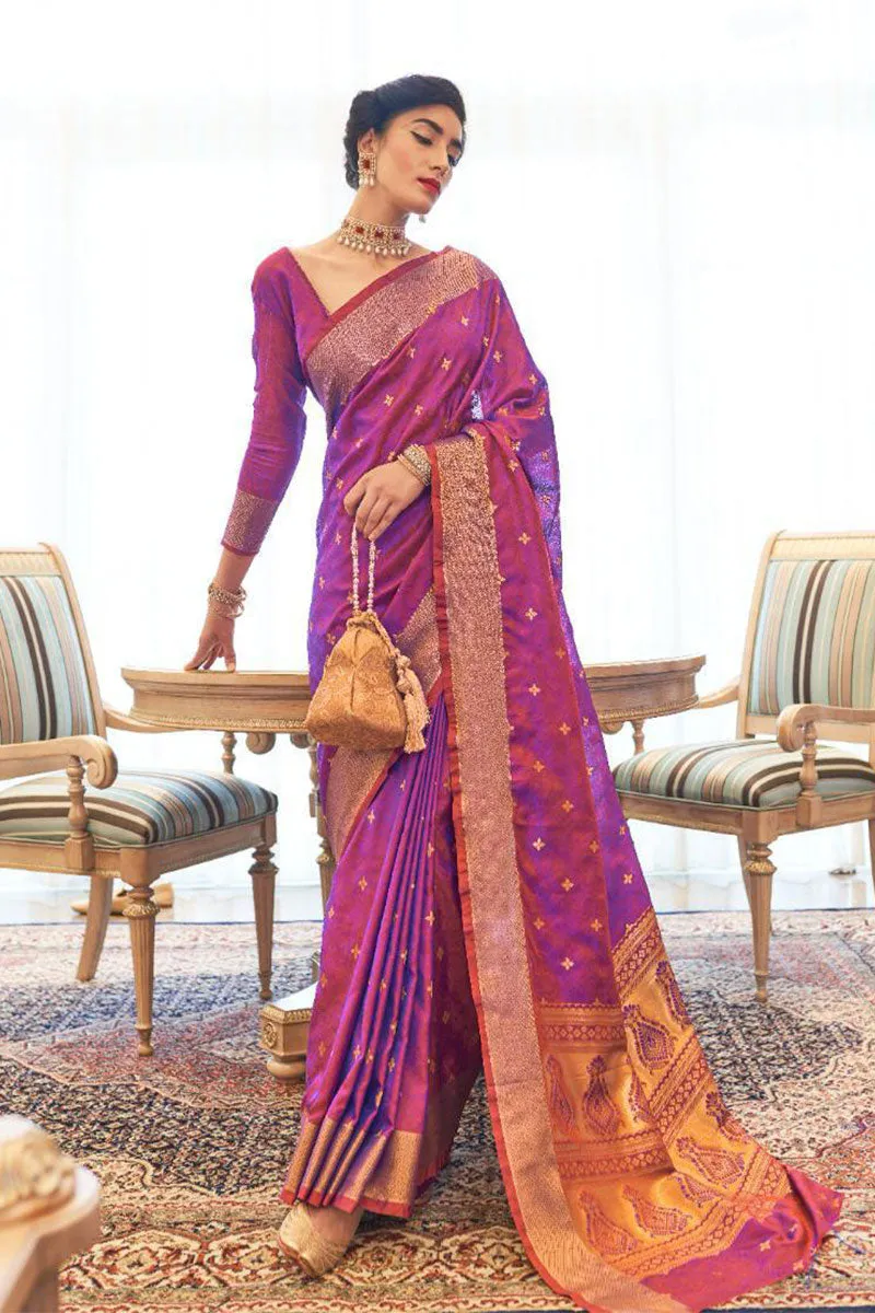 Groovy Purple Kanjivaram Silk Saree With Groovy Blouse Piece