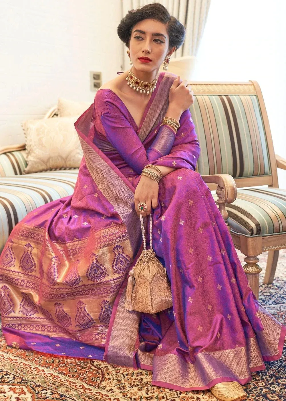 Groovy Purple Kanjivaram Silk Saree With Groovy Blouse Piece