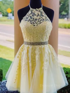 Halter Neck Short Yellow Lace Prom Dressses Backless Short Yellow Lace Formal Homecoming Dresses