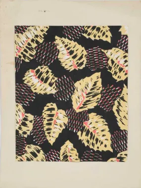 Handpainted Fabric Design by Arthur Litt - leaf pattern w/ black, pink & white