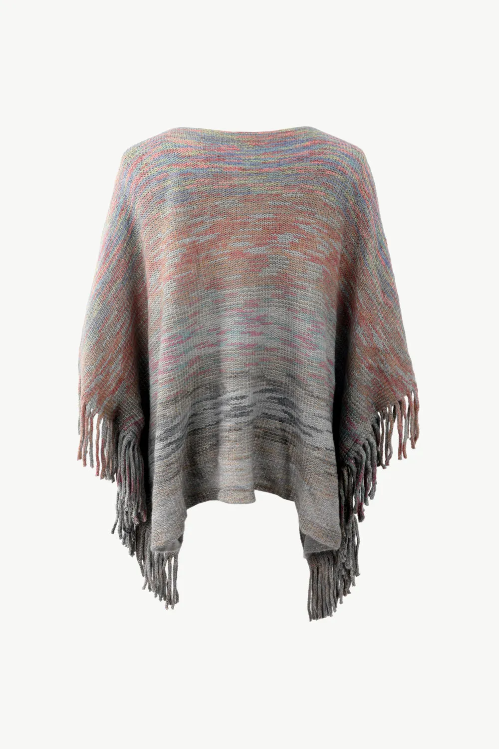 Heathered Boat Neck Fringed Poncho