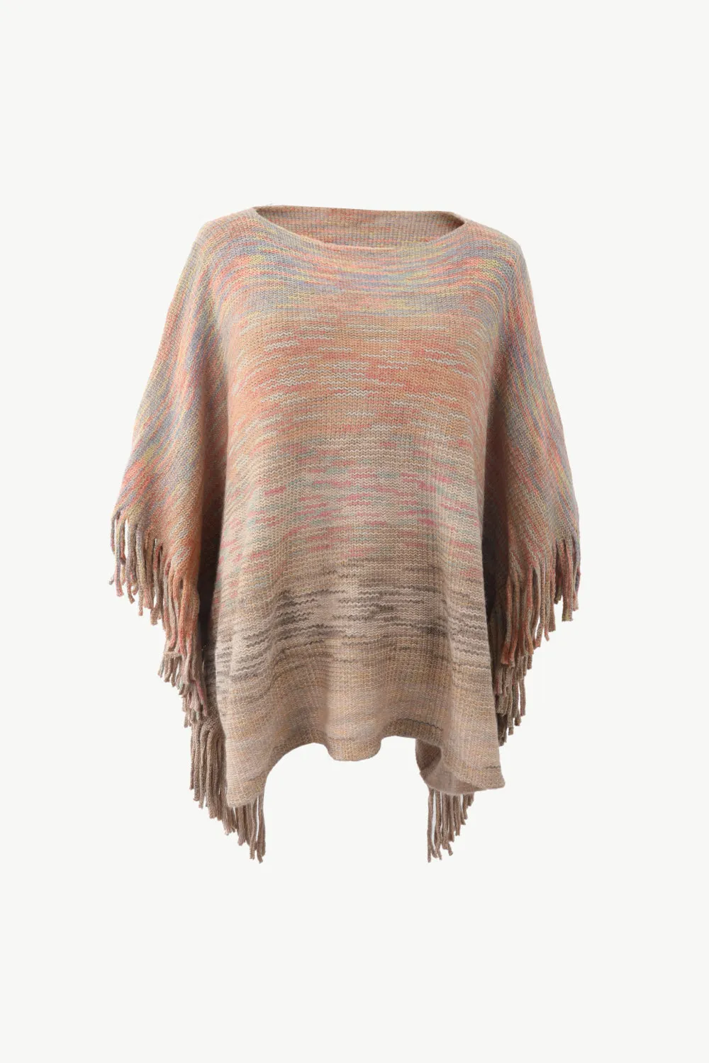 Heathered Boat Neck Fringed Poncho