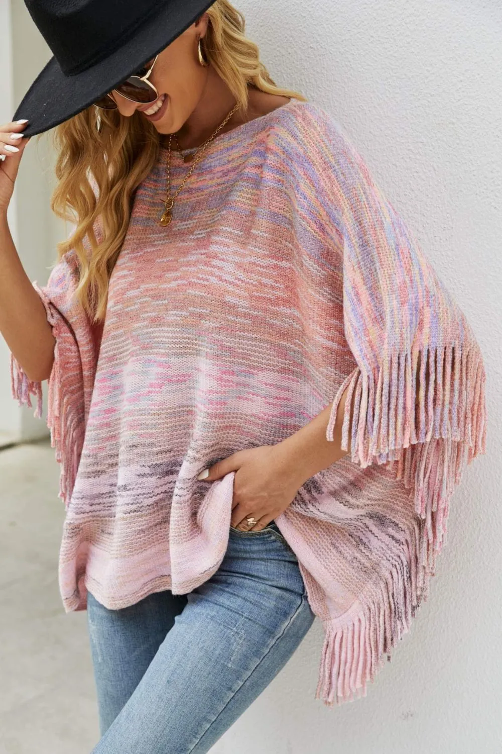 Heathered Boat Neck Fringed Poncho