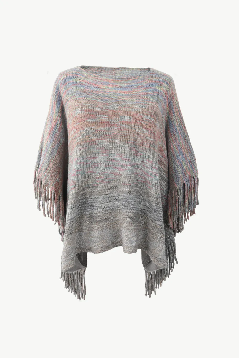 Heathered Boat Neck Fringed Poncho