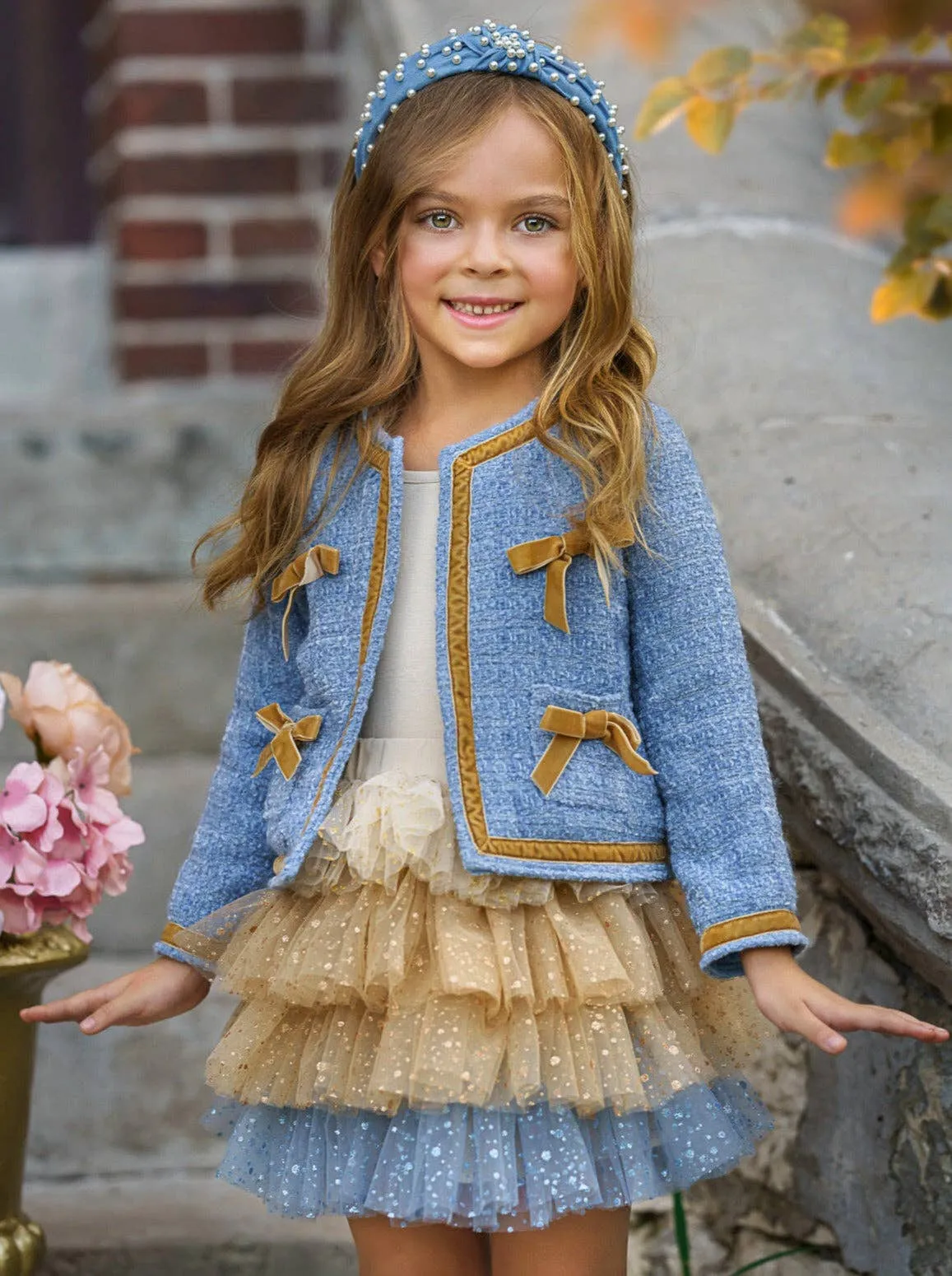 Hello Darling Girls Blue Tweed Jacket & Tulle Skirt Set