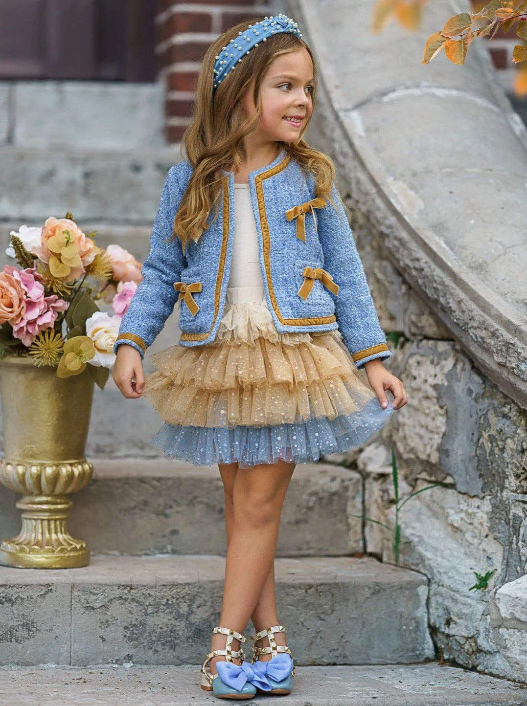 Hello Darling Girls Blue Tweed Jacket & Tulle Skirt Set