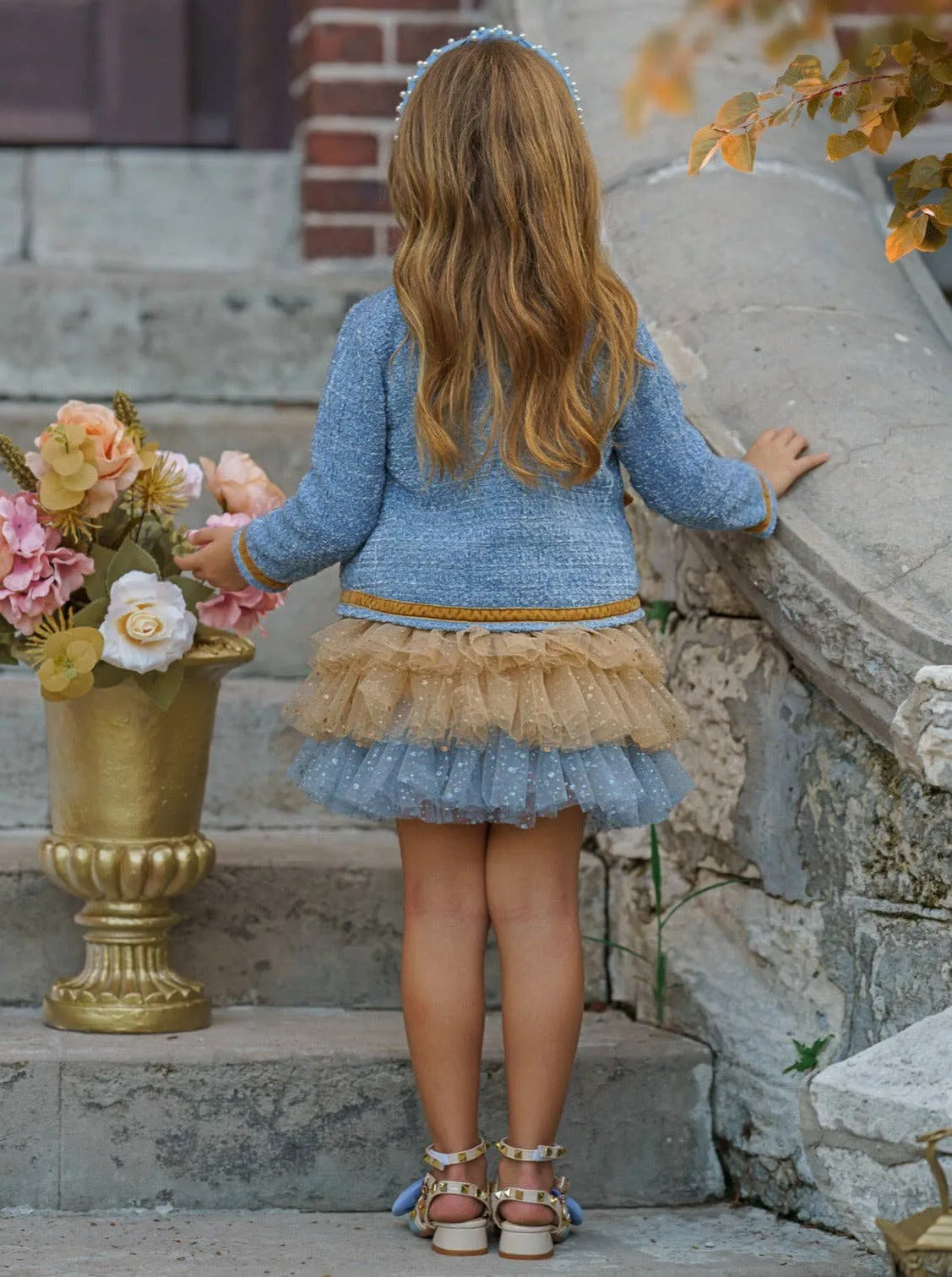 Hello Darling Girls Blue Tweed Jacket & Tulle Skirt Set