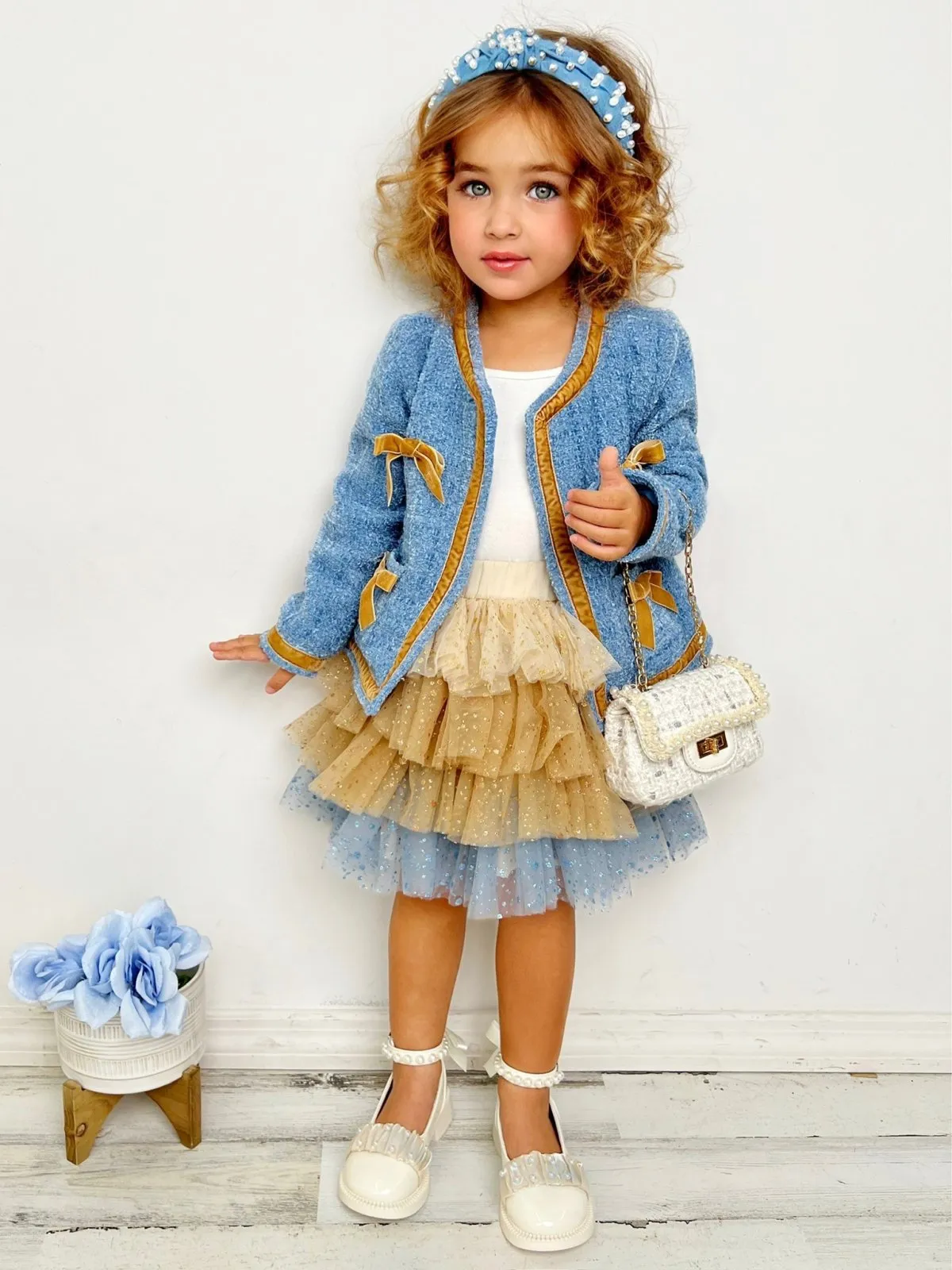 Hello Darling Girls Blue Tweed Jacket & Tulle Skirt Set