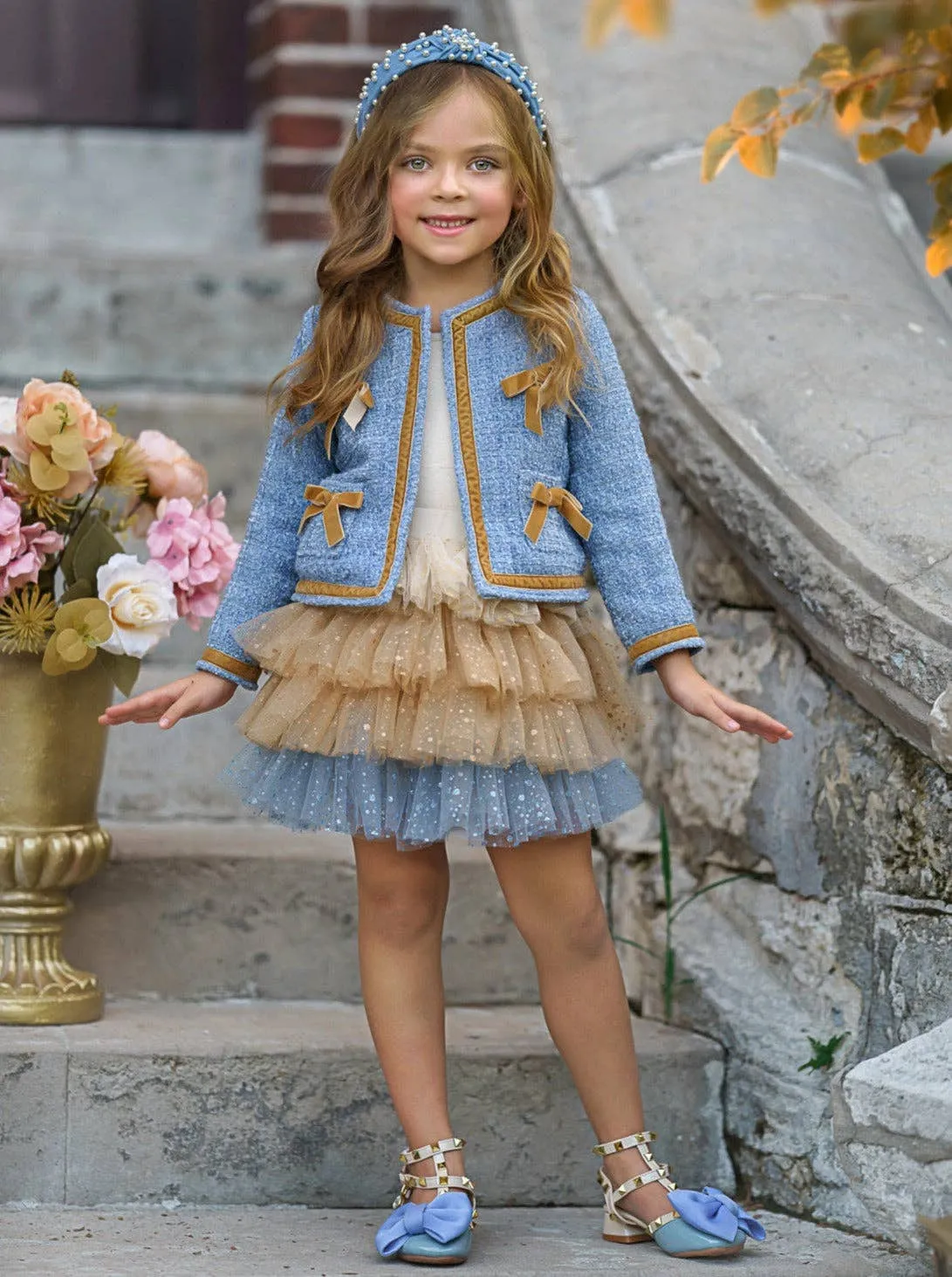 Hello Darling Girls Blue Tweed Jacket & Tulle Skirt Set