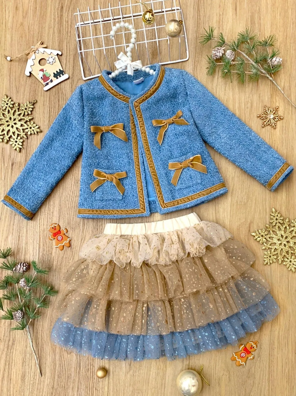 Hello Darling Girls Blue Tweed Jacket & Tulle Skirt Set