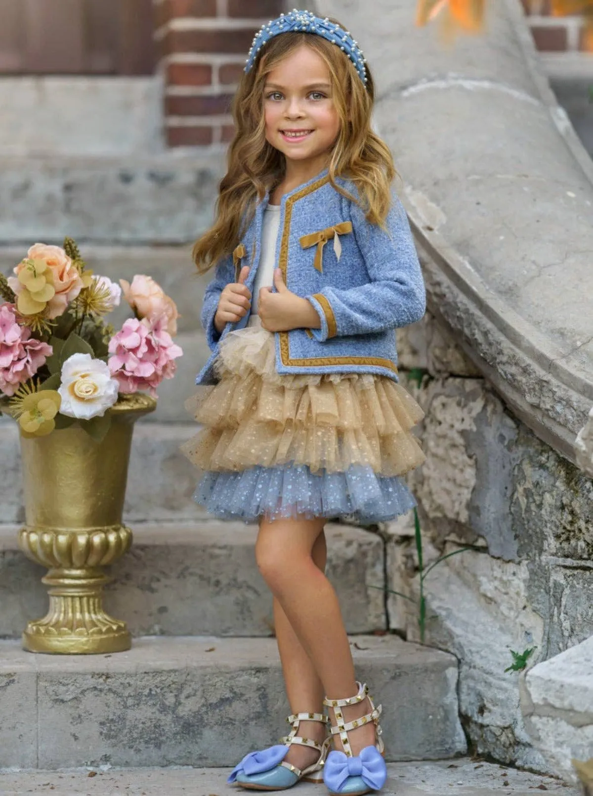 Hello Darling Girls Blue Tweed Jacket & Tulle Skirt Set