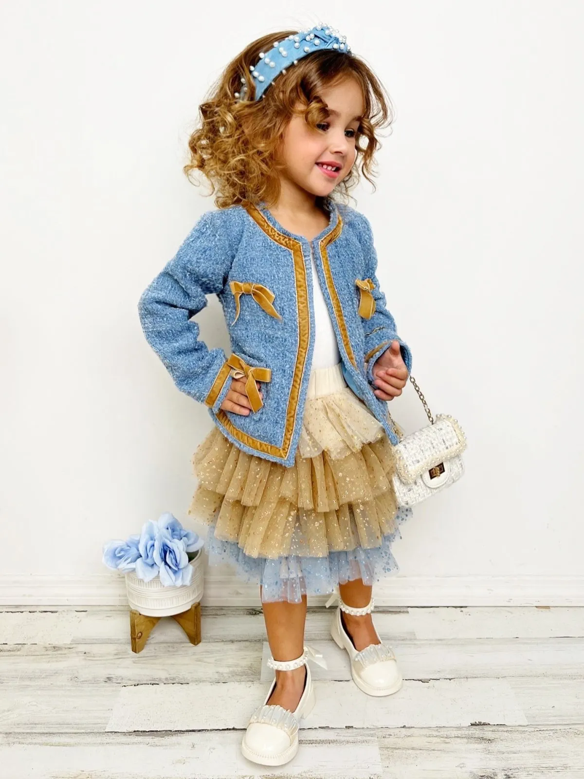 Hello Darling Girls Blue Tweed Jacket & Tulle Skirt Set