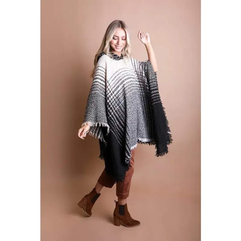 Herringbone Tweed Hooded Frayed Edge Poncho