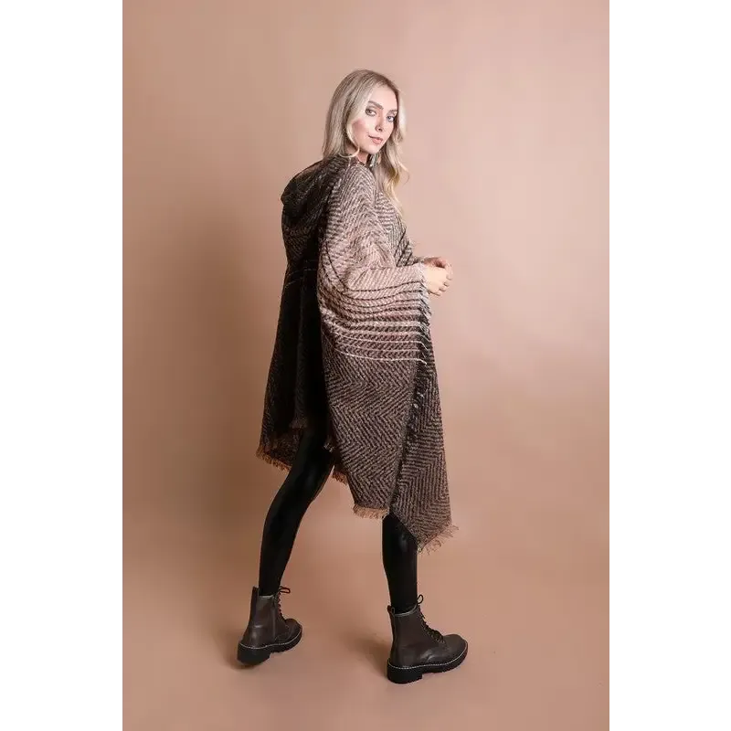 Herringbone Tweed Hooded Frayed Edge Poncho