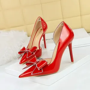 High heels banquet women's shoes side hollow shallow mouth pointed rhinestone bow high heels single shoes