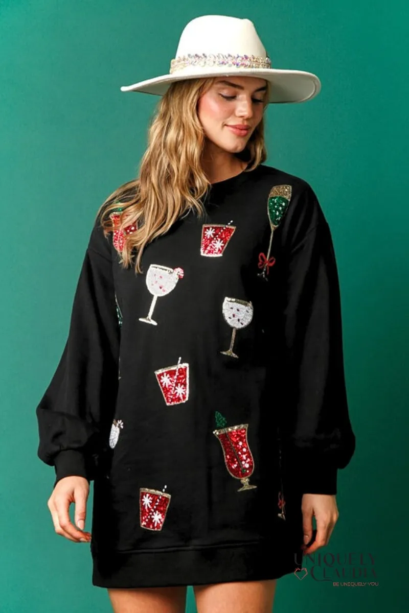 Holiday Cheer Embellished Sweatshirt Dress