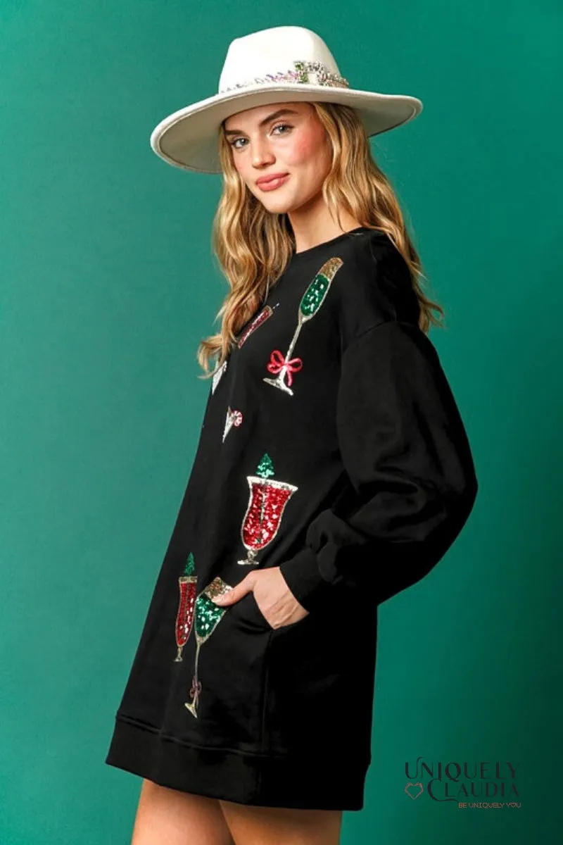 Holiday Cheer Embellished Sweatshirt Dress