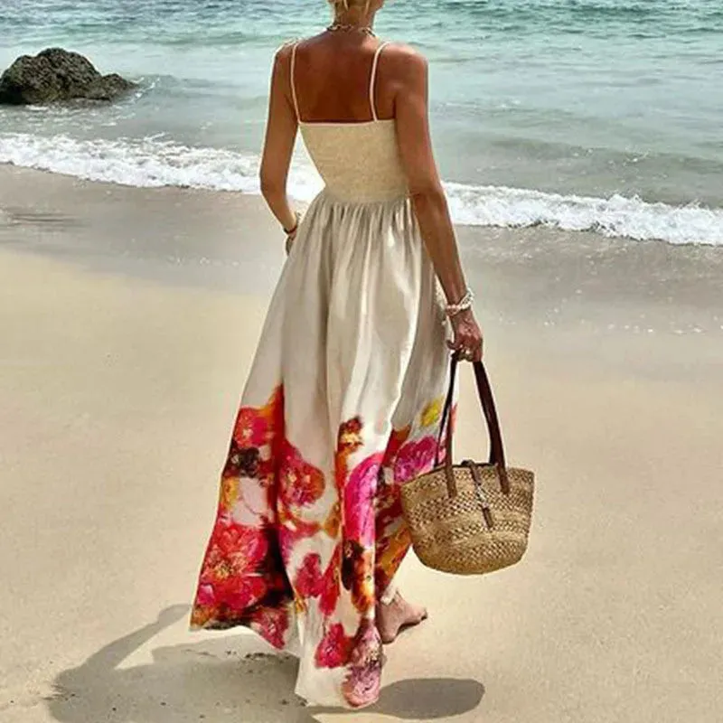 Hollow Sleeveless Beach Casual Off Shoulder Pleated Long 2024 Spaghetti Strap Bohemian Floral Women Dress