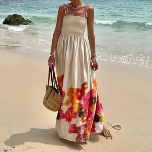 Hollow Sleeveless Beach Casual Off Shoulder Pleated Long 2024 Spaghetti Strap Bohemian Floral Women Dress