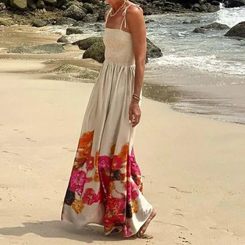 Hollow Sleeveless Beach Casual Off Shoulder Pleated Long 2024 Spaghetti Strap Bohemian Floral Women Dress