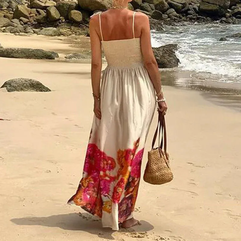 Hollow Sleeveless Beach Casual Off Shoulder Pleated Long 2024 Spaghetti Strap Bohemian Floral Women Dress