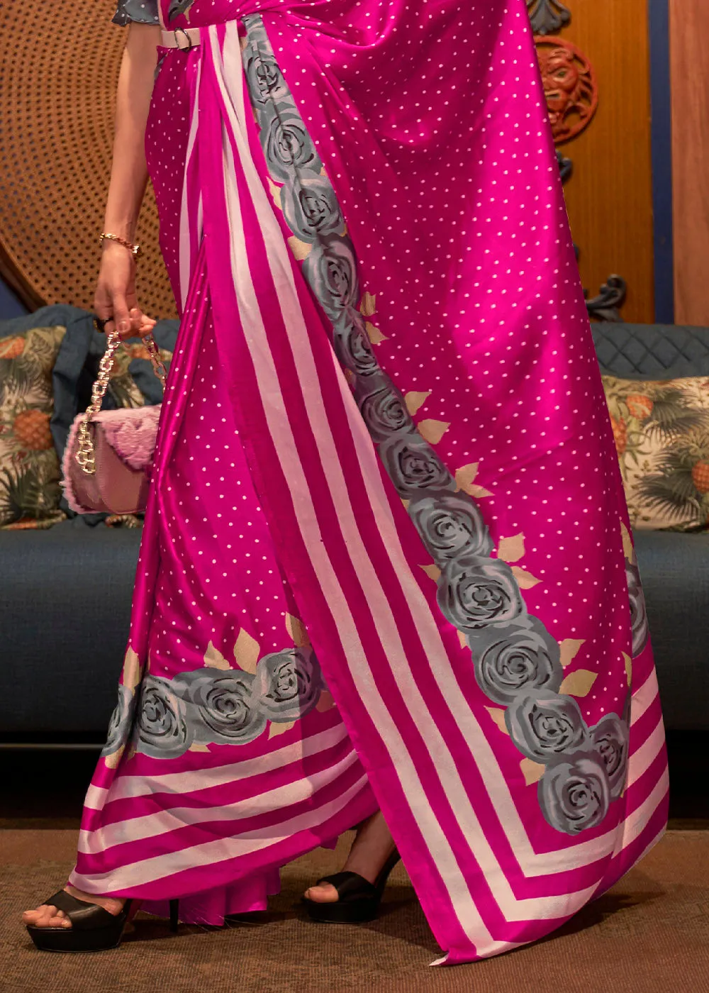 Hot Pink Designer Satin Crepe Printed Saree