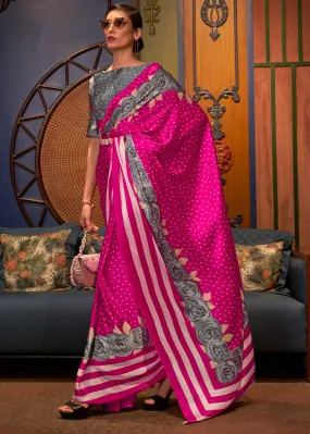 Hot Pink Designer Satin Crepe Printed Saree