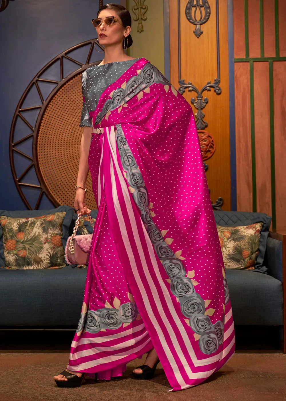 Hot Pink Designer Satin Crepe Printed Saree