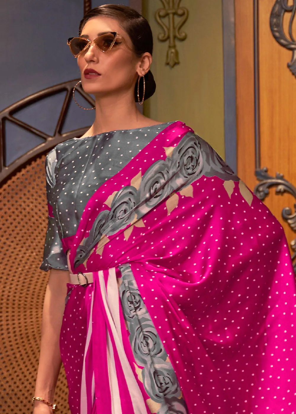 Hot Pink Designer Satin Crepe Printed Saree