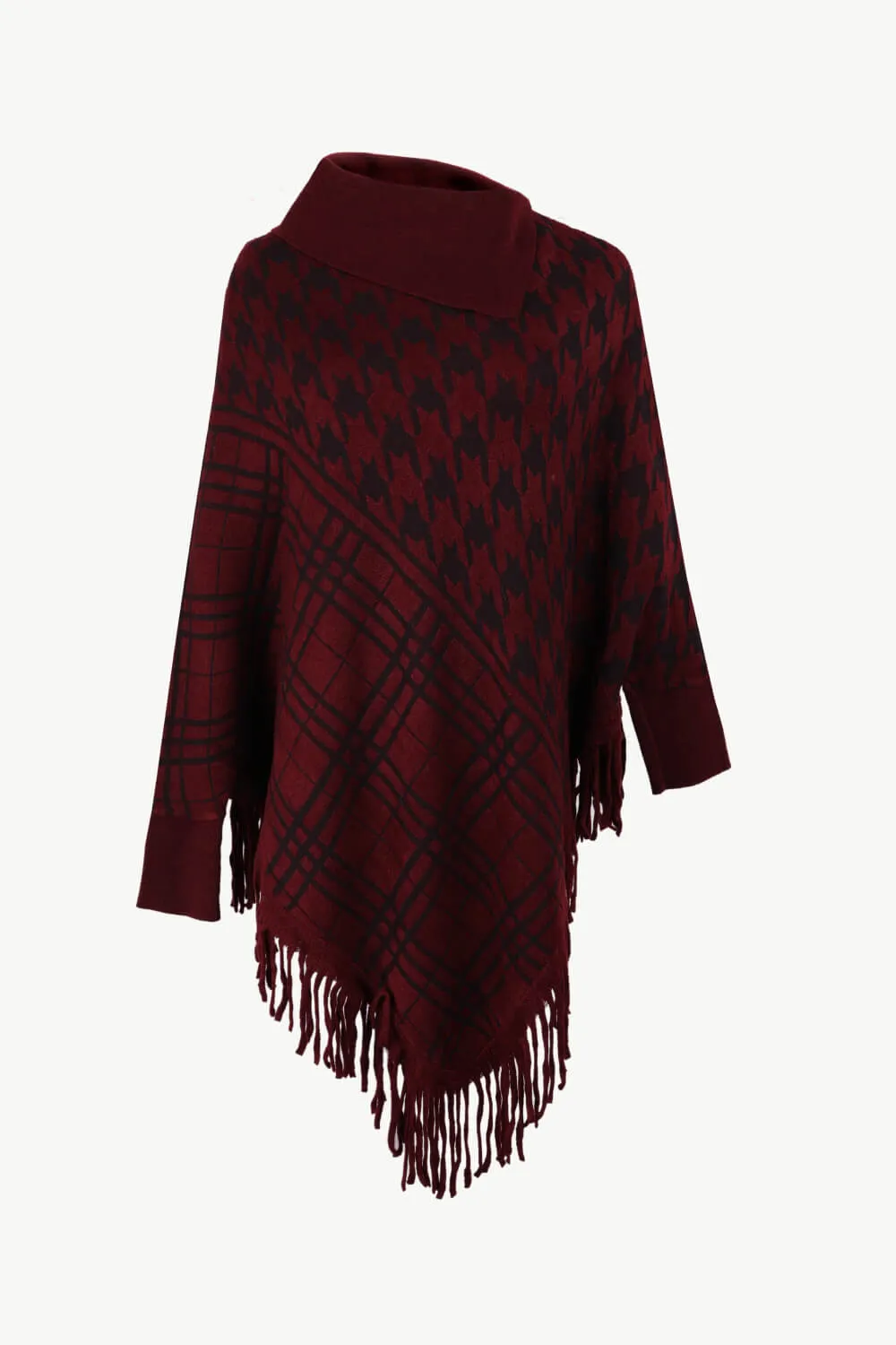 Houndstooth Turtleneck Fringe Hem Poncho