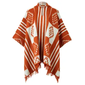 Huicundos - Baby Alpaca wool Unisex Hooded Poncho Pullover S-XXL - brick/orange - Aztec pattern