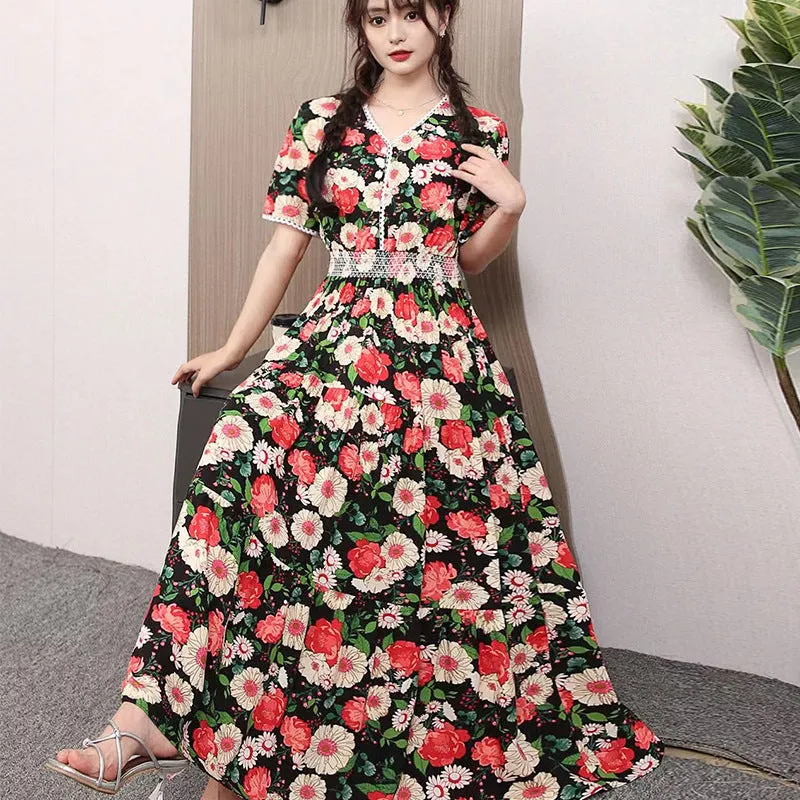 ikearlax Foreign Trade Bohemian Floral Dress Korean Style Cotton Silk Large Swing Dress V-neck Short Sleeve High Waist Dress Beach Skirt