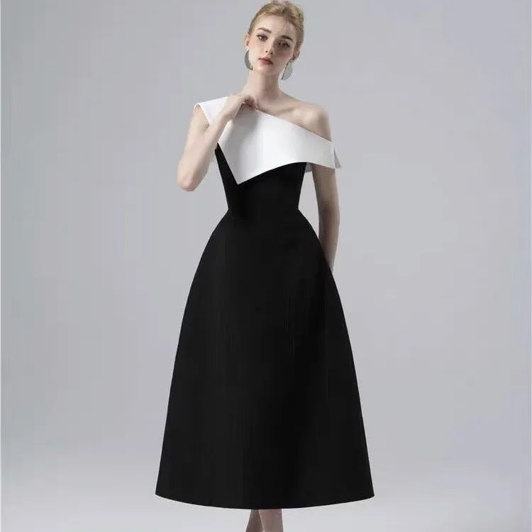 IKEARLAX  In Stock Spring and Summer Vietnam Special-Interest Design Classic Black and White Color Matching Sloping-Shoulder off the-Shoulder Formal Dress Simple Dress