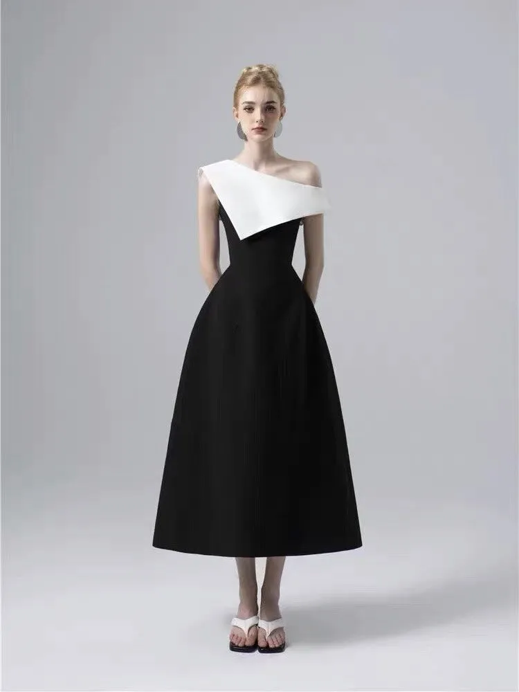 IKEARLAX  In Stock Spring and Summer Vietnam Special-Interest Design Classic Black and White Color Matching Sloping-Shoulder off the-Shoulder Formal Dress Simple Dress