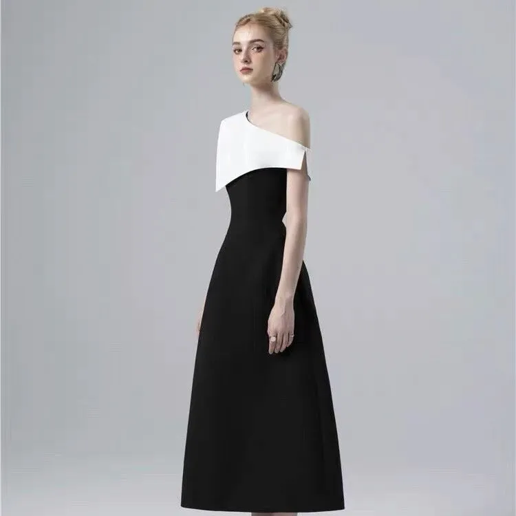 IKEARLAX  In Stock Spring and Summer Vietnam Special-Interest Design Classic Black and White Color Matching Sloping-Shoulder off the-Shoulder Formal Dress Simple Dress