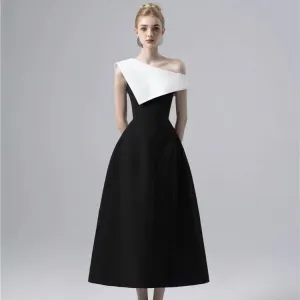 IKEARLAX  In Stock Spring and Summer Vietnam Special-Interest Design Classic Black and White Color Matching Sloping-Shoulder off the-Shoulder Formal Dress Simple Dress