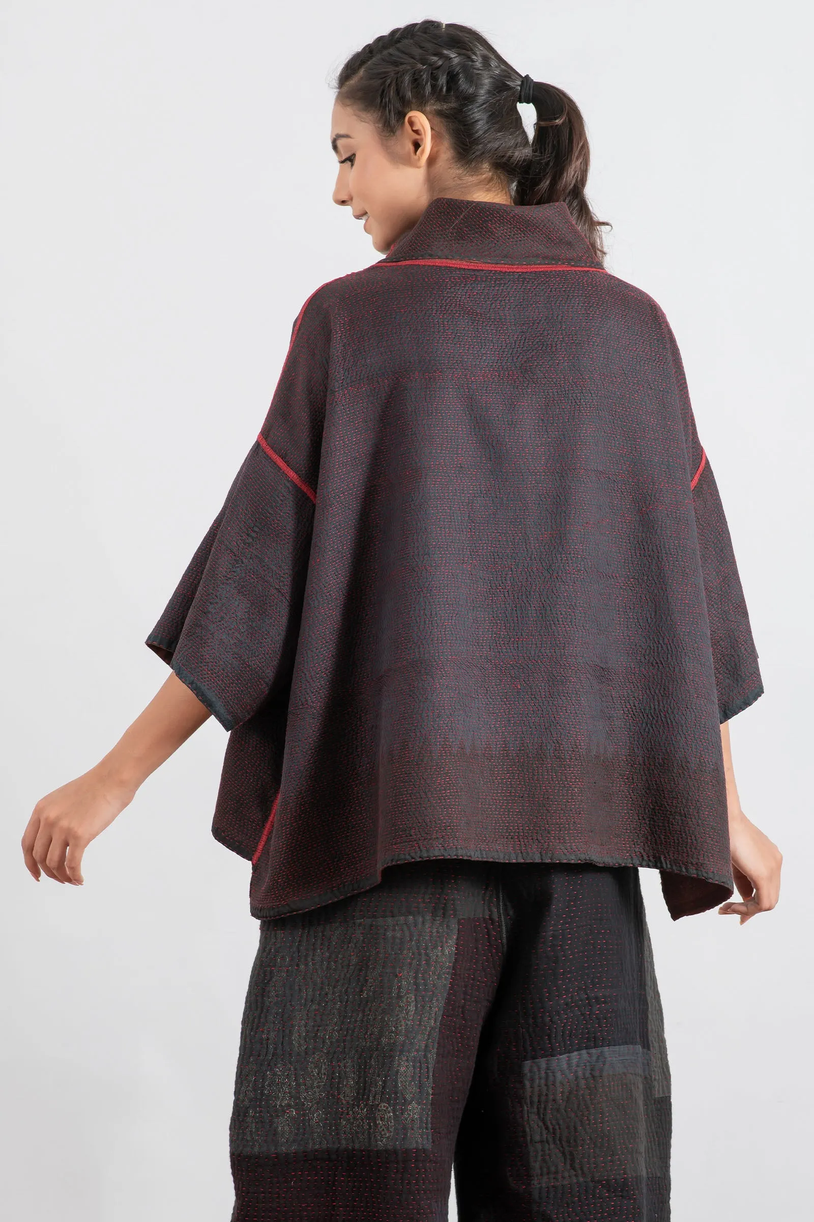 INDONESIAN PRINT KANTHA COWL NECK PONCHO