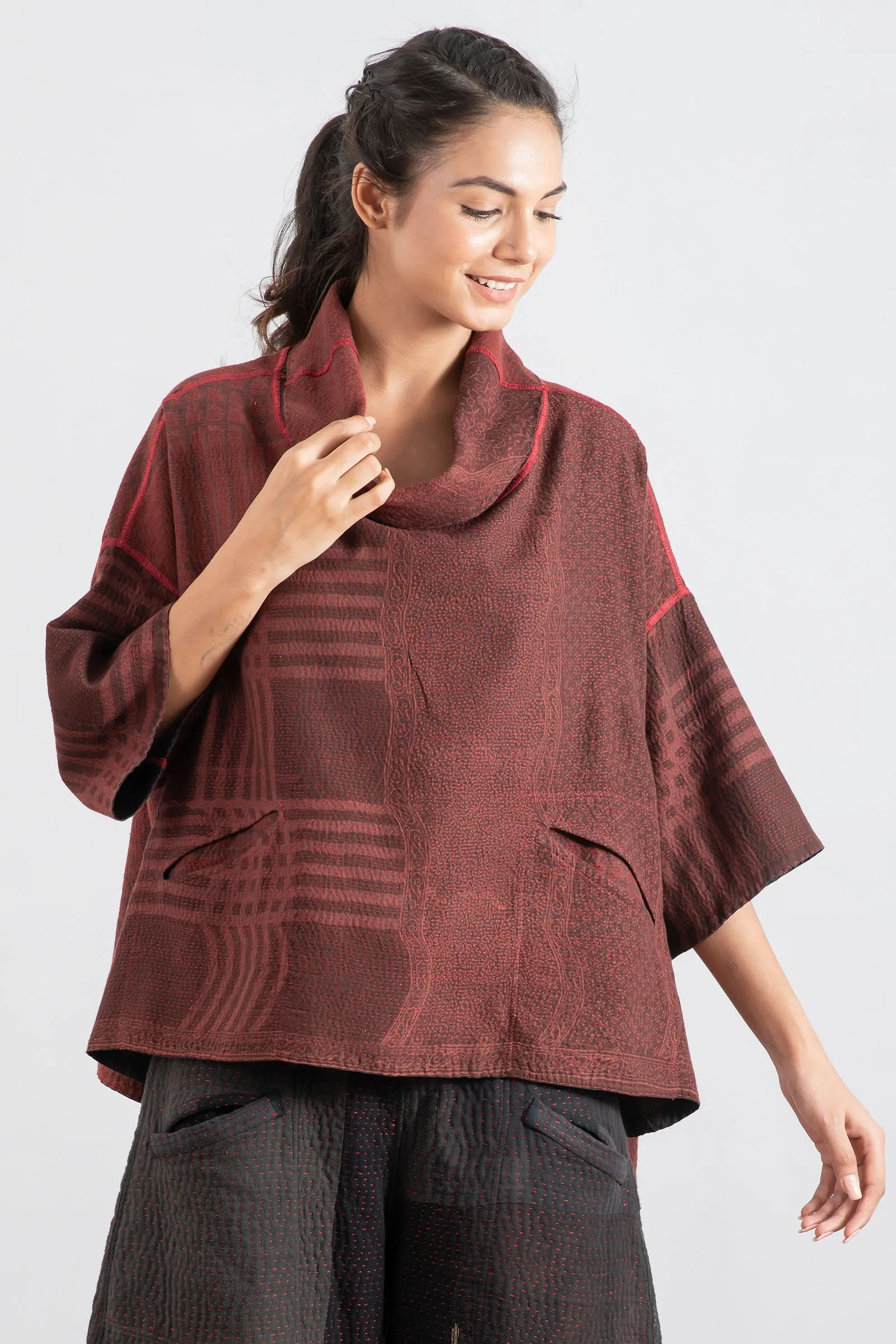 INDONESIAN PRINT KANTHA COWL NECK PONCHO