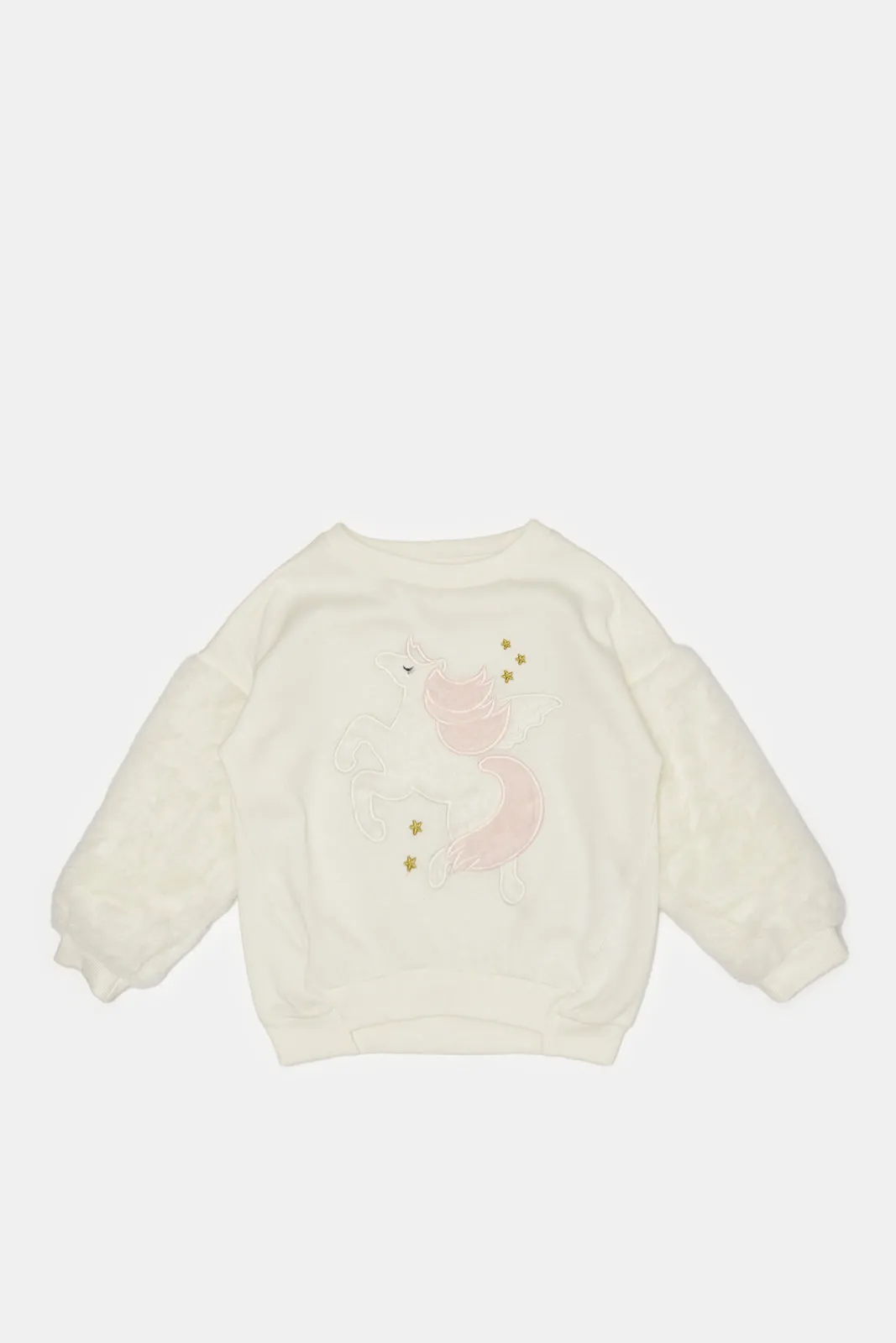 Infant Girls Ivory Embellished Fur Sleeves Sweatshirt