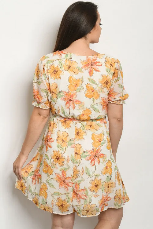 Ivory Floral Wrap Inspired Plus Size Dress