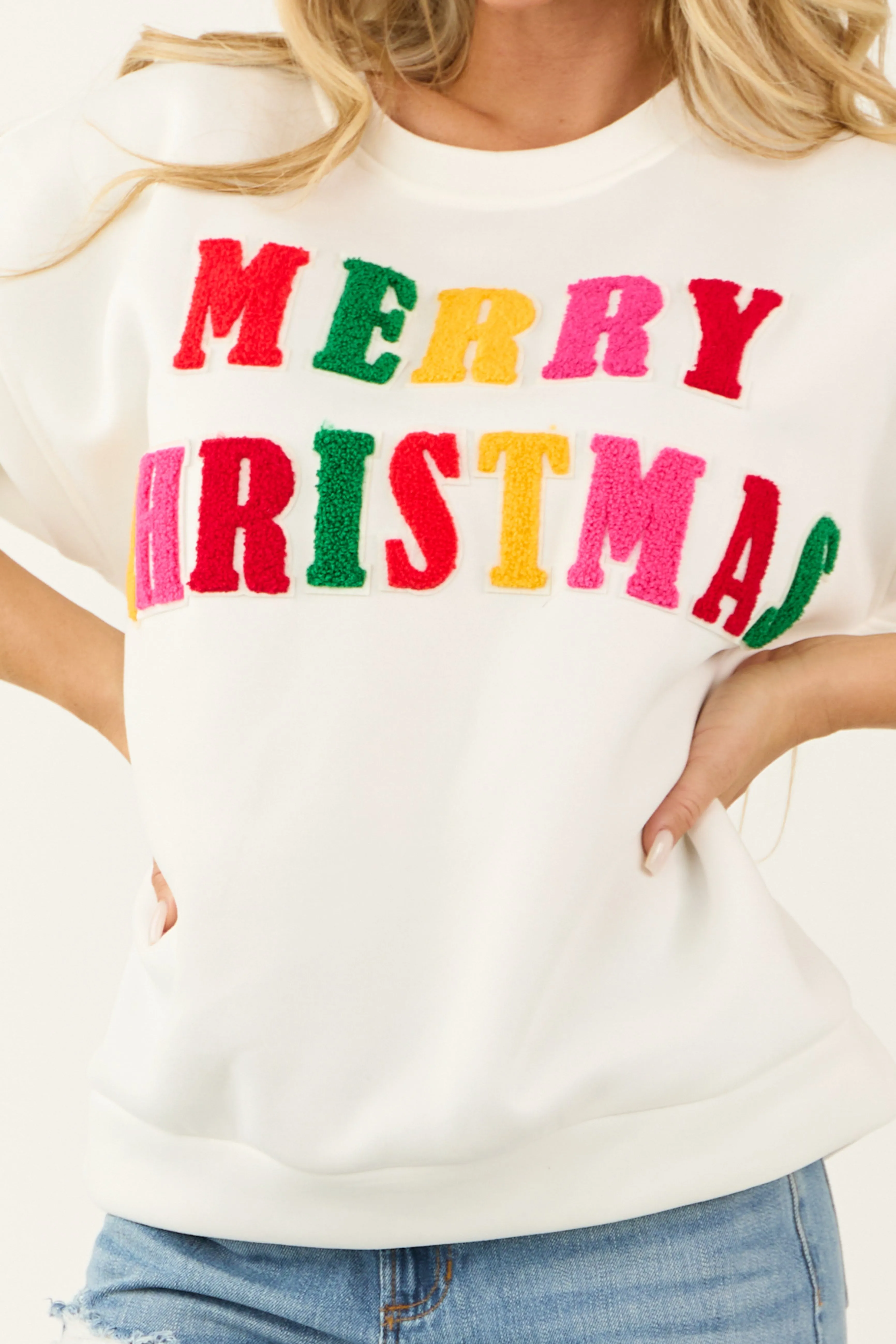 Ivory Merry Christmas Patch Detail Pullover Sweatshirt