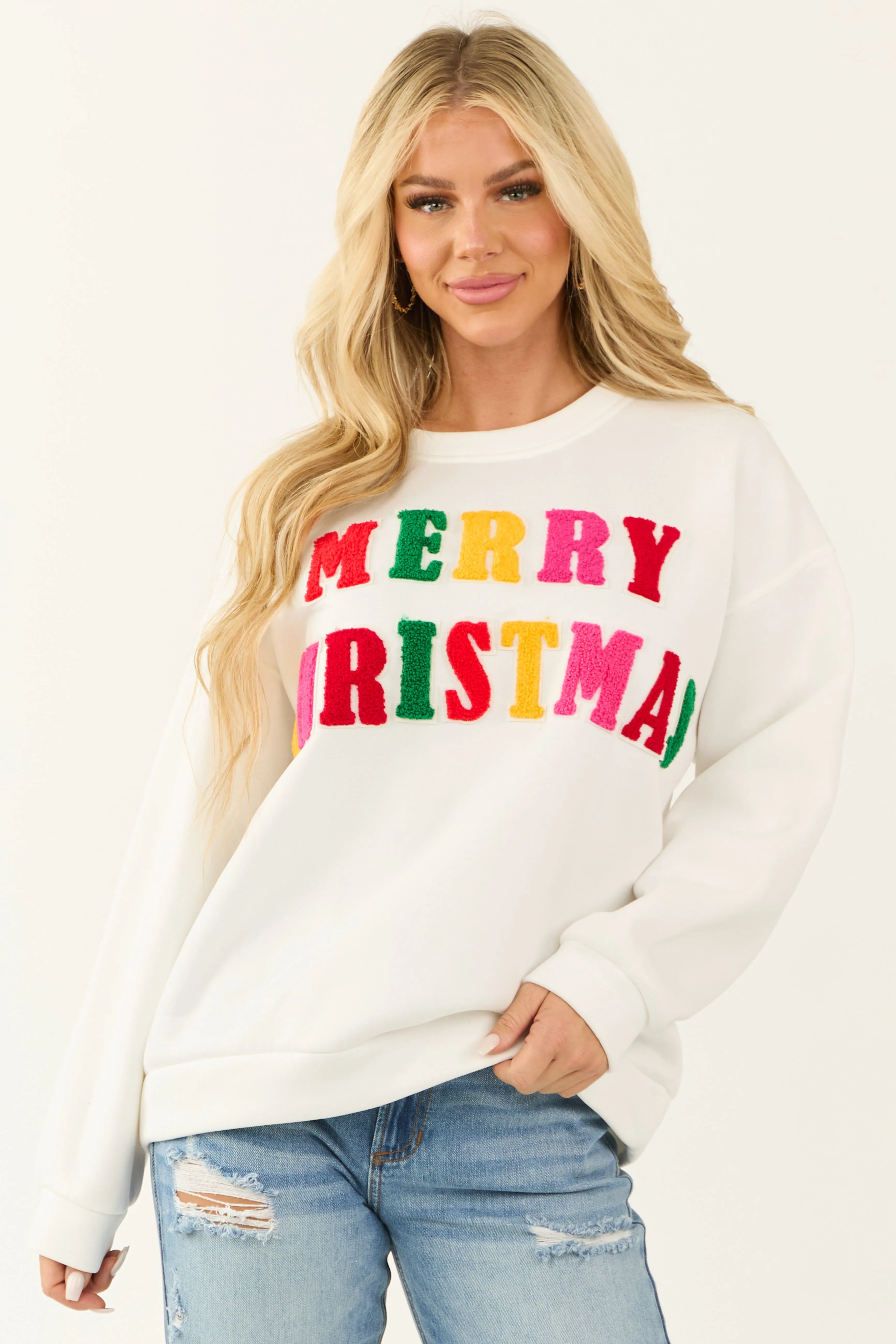 Ivory Merry Christmas Patch Detail Pullover Sweatshirt